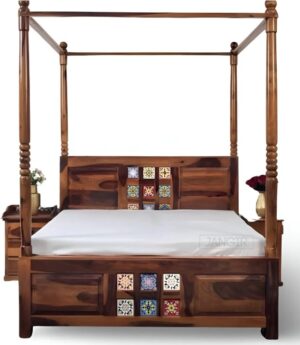 Home Royal Sheesham Wood Four Poster Bed with Handcrafted Tile Inlay